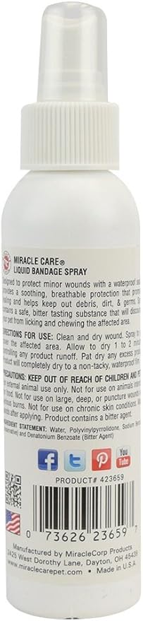 Miracle Care First Aid Liquid Bandage Spray for Dogs and Cats, 4 Ounce, Instantly Protects Minor Wounds and Discourages Licking