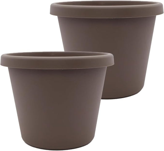 The HC Companies 12 Inch Prima Round Planter Pots with Drainage Holes and Rolled Rim, Lightweight UV-Resistant Plastic Indoor & Outdoor Planters, 2-Pack Flower Pots for Garden & Home Decor, Cappuccino
