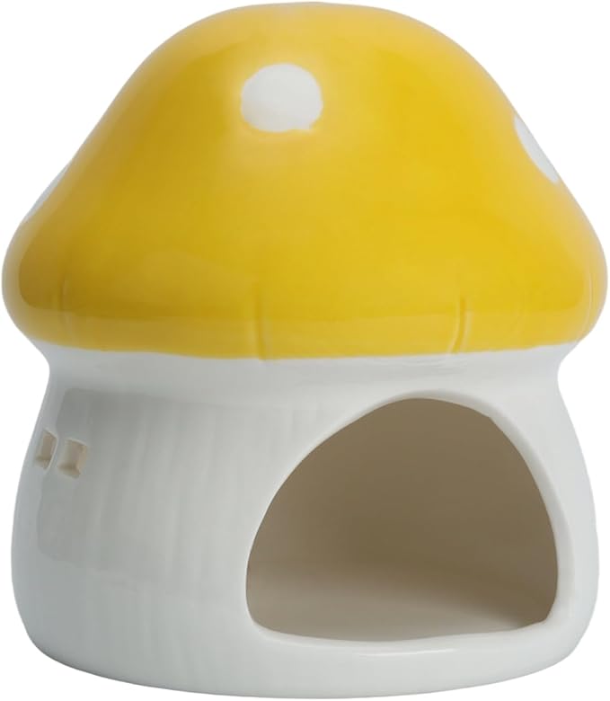 AnRui Ceramic Mushroom Aquarium Decor Cute Mini House Betta Fish Tank Accessories Decoration Hideaway Hideout Cave Ornament for Small Fish, Shrimp, Goldfish and Reptiles (Yellow, Large)