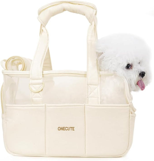 ONECUTE Dog Purse Carrier for Small Dogs Rabbit cat with Large Pockets, Cotton Bag, Dog Carrier Soft Sided, Collapsible Travel Puppy Carrier (Beige Breathable, 13.6" L x 6.5" W x 10.0" H)