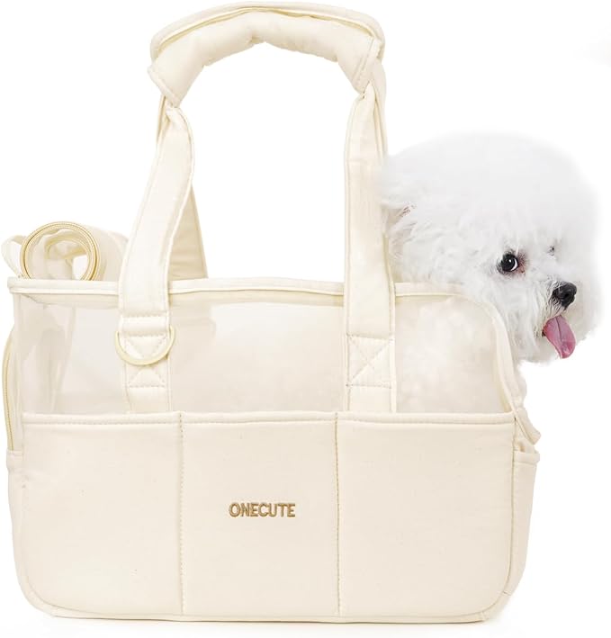 ONECUTE Dog Purse Carrier for Small Dogs Rabbit cat with Large Pockets, Cotton Bag, Dog Carrier Soft Sided, Collapsible Travel Puppy Carrier (Beige Breathable, 17.0" L x 7.5" W x 12.0" H)