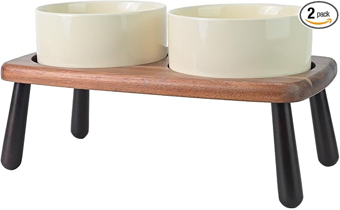 SPUNKYJUNKY Ceramic Elevated Dog Bowls Raised with Acacia Bamboo Wooden Stand, 6.1'' Dog and Cat Food Water Bowls Set Non-Slip for Small Medium Sized Breed Microwave Dishwasher Safe - 28.7 OZ,Beige