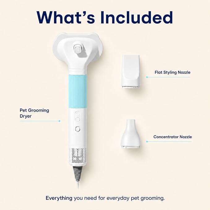Pet Hair Dryer with Grooming Brush, Dog Blow Dryer, 3-in-1 Cat Blower, Blue | 110,000 RPM Pet Blower with One-Click Hair Removal, 3 Heat & 2 Speed Settings for Professional Home Grooming