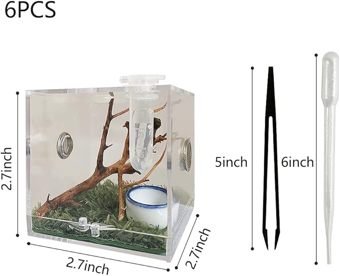 Jumping Spider Enclosure, Jumping Spider Habitat with Dropper Tongs Acrylic Reptile Breeding Box for Tarantula Scorpion Sling Isopods Invertebrates Insects Mantis Snake Gecko