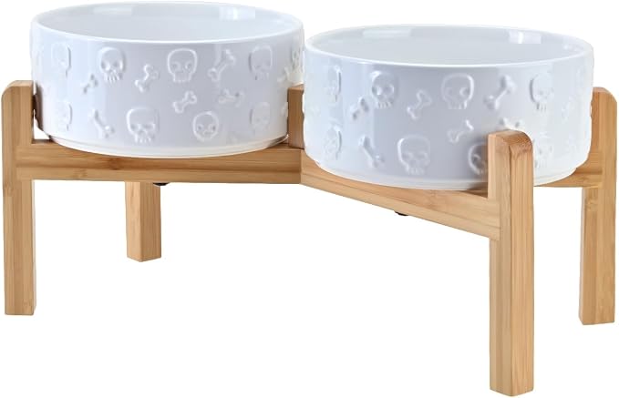 SPUNKYJUNKY Elevated Dog Bowls Ceramic, 7.3'' Dogs Food Water Bowls Raised with Non-Slip Bamboo Stand for Medium to Large Sized Breed Microwave Dishwasher Safe - 42 OZ,Skull White