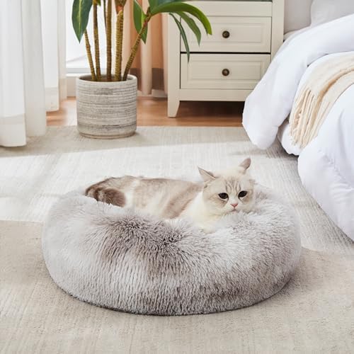 Western Home Calming Donut Cat Bed Small Dog Bed Washable,20" White Grey | Fluffy Faux Fur Round Cuddler,Anti-Anxiety,Anti-Slip Bottom,Self-Warming Pet Bed for Small Dog&Kitten&Puppy,Up to 12 LBS