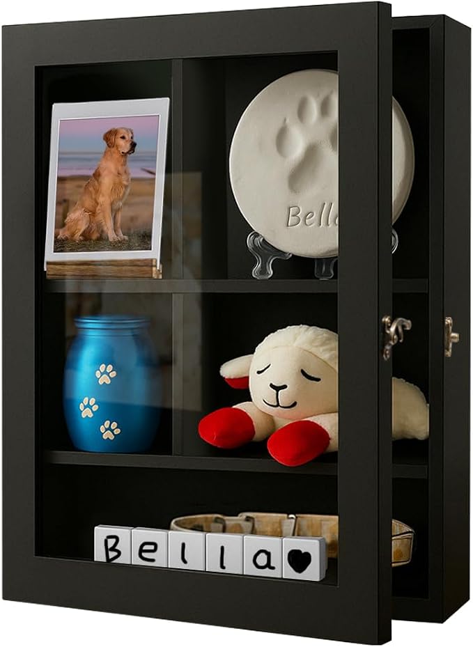 12x16 Inch Solid Wood Pet Memorial Shadow Box Frame with Shelves | Large Deep Display Case Memory Box for Dog & Cat Paw Print Urn Keepsake Lovers, Pet Remembrance Sympathy Gift - Black
