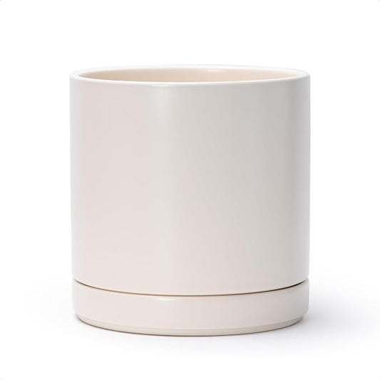 D'vine Dev 8.2 Inch Ceramic Planter Pot, Oatmeal, 94-O-D-8 | Modern Cylinder Design, Drainage Hole & Saucer Included, Stable Structure, Elegant Home Accent