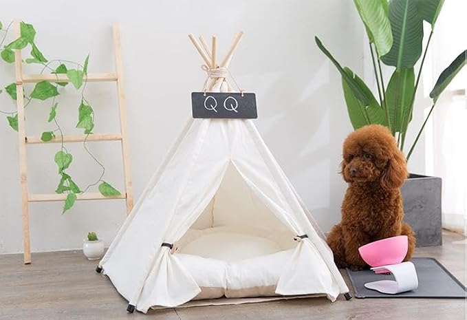 Dog Teepee Bed Cat Tent Portable Houses Pet Puppy with Thick Cushion (M:Size fits 9kg/20lbs (Pets)) | (White, M:Size fits 9kg/20lbs (Pets))