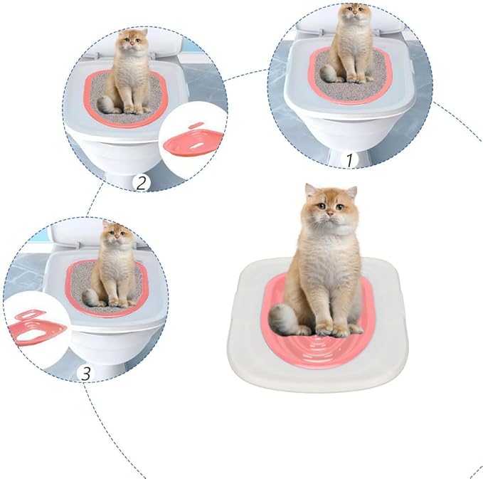 Cat Toilet Training Kit – Litter Box Alternative with Tray, Reusable Potty Seat Adapter for Cats & Kittens, Hygienic Flushable Urinal, Includes Step by Step Trainer Seat(Pink)