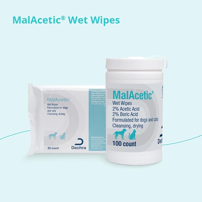 MalAcetic Wet Wipes for Dogs and Cats 100 Count | Cleansing, Drying; 2% Boric Acid; 2% Acetic Acid; Packaging May Vary