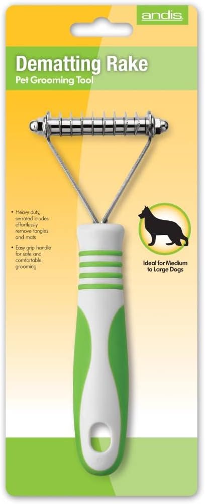 Andis 66050 De-Matting Rake with 10 Blades - Grooming Brush with Safety Edges & Promotes Healthy Skin & Coat - Non-Slip Handle, De-Shedding & Perfect for Long-Haired Breeds – 1 Pack, Green