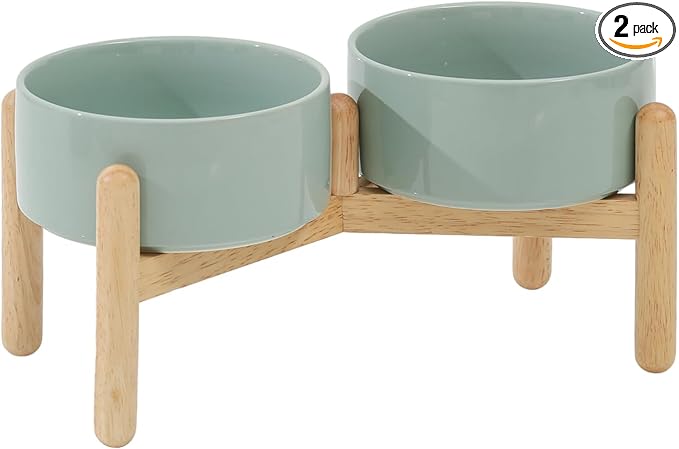 Havniva Elevated Dog Bowls Ceramic Dog Bowls with Stand, Dog Food Bowl | 6.1” Raised Dog Bowls with Non-Slip Wood Stand, Dog Food and Water Bowl Set, Double Dog Feeding Bowls for Small & Medium Dogs