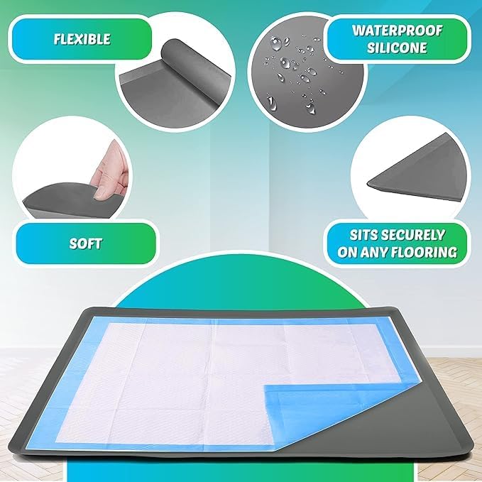 Dog Pee Pad Holder - Fits Up to 30” x 36” Pee Pad - 1 Pack - Grey | Stable Grip, Soft Edges, Quick Wipe Silicone Surface, Dog Pad Holder for Indoor Flooring Protection