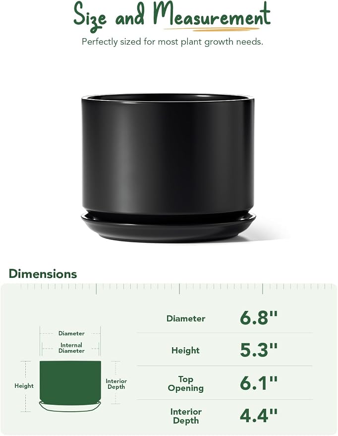 LE TAUCI Ceramic Pots for Plants, 6.8 Inch Plant Pots with Drainage Hole & Saucer, Modern Planter for Indoor Plants, Stable & Durable, Perfect for Living Room or Office Decor, Black