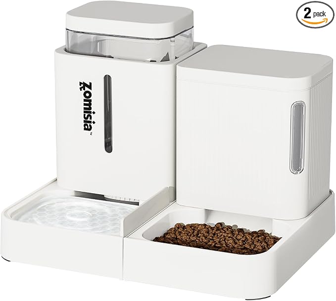 ZOMISIA Gravity Cat Feeder and Water Dispenser, 2 in 1 Cat Self Feeder with 180 Degree Rotatable, 2 Pack Automatic Feeding Large Capacity for Small Medium Dog Puppy Kitten, White, 0.8 Gallon x 2