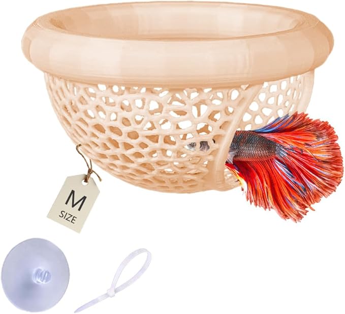 Floating Betta Hammock with Suction Cup, Shrimp Cave, Betta Fish Feeding Rings,3D Printed Aquarium Decor (Sand, Medium)