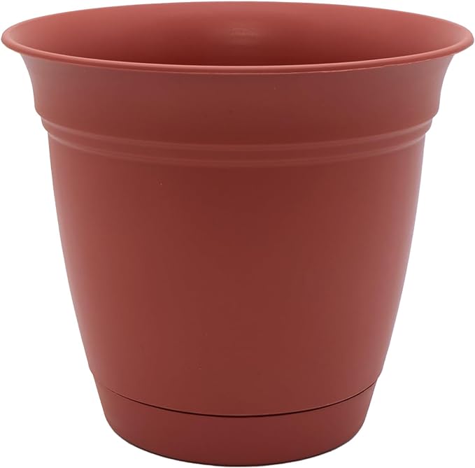 The HC Companies Eclipse Round Planter with Saucer - Outdoor & Indoor Plant Pot with Drainage Holes - Lightweight, UV-Resistant Plastic Pots for Plants, Flowers & Herbs (12" Clay, Pack of 1)