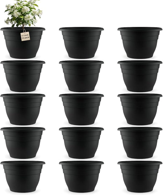RooTrimmer 15 Pack 11 Inch Plant Pots with Drainage Holes,Black Plastic Flower Pots with Hanging Holes,Durable Planters for Indoor & Outdoor Plants,Nursery Pots