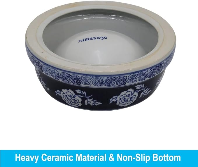 Aimusego Vintage Blue Ceramic Dog Bowls, Dog Food Feeding Dish for Medium Dogs Cats, Heavy Chinoiserie Porcelain Pet Bowl for Water,Durable & Easy to Clean-9inch