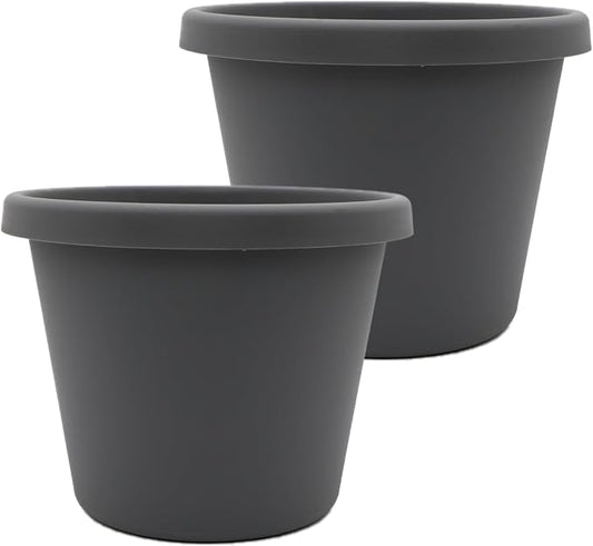 The HC Companies 12 Inch Prima Round Planter Pots with Drainage Holes and Rolled Rim, Lightweight UV-Resistant Plastic Indoor & Outdoor Planters, 2-Pack Flower Pots for Garden & Home Decor, Warm Gray