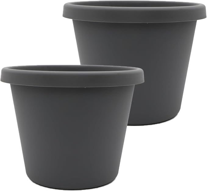 The HC Companies 20 Inch Prima Round Planter Pots with Drainage Holes and Rolled Rim, Lightweight UV-Resistant Plastic Indoor & Outdoor Planters, 2-Pack Flower Pots for Garden & Home Decor, Warm Gray