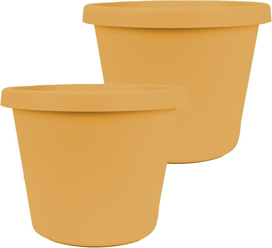 The HC Companies 16 Inch Prima Round Planter Pots with Drainage Holes and Rolled Rim, Lightweight UV-Resistant Plastic Indoor & Outdoor Planters, 2-Pack Flower Pots for Garden & Home Decor, Honey