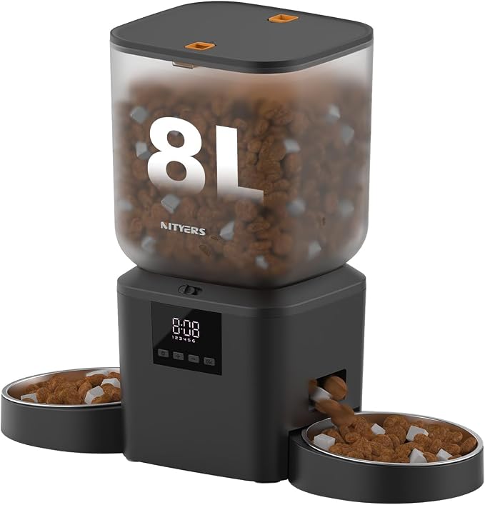Automatic Cat Feeder for 2 Cats - 8L/34 Cups Dual Automatic Dog Feeder with Dog Food Dispenser for 2-18mm Dry Food, Timed Cat Food Dispenser, Up to 50 Portions 6 Meals Per Day, 10s Voice, Keep Fresh