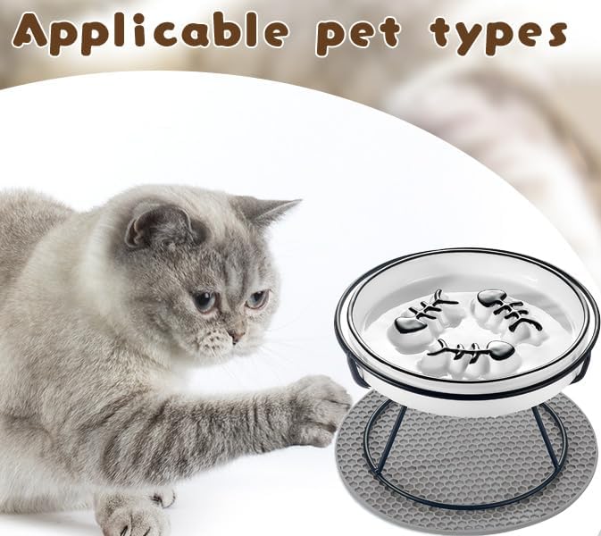 Ceramic Elevated Cat Bowls Set, Anti Vomit, Removable Dishes, Black 2-Pack | Removable Ceramic Bowls Elevated Anti Vomit Food & Water Feeding Black 2-Pack