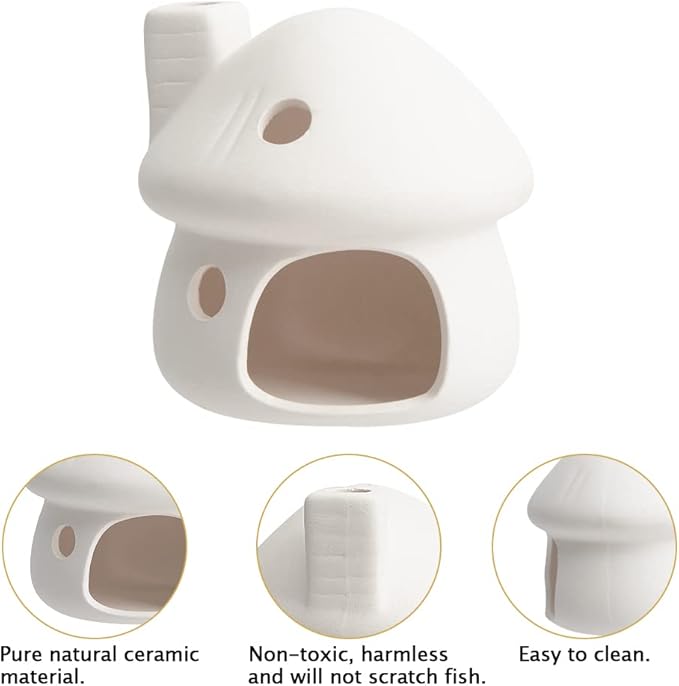 Saim White Ceramic Mushroom Aquarium Decor, Fish Tank Hideout Cave, Betta Shrimp Pleco Goldfish Breeding Hiding Shelter Ornament