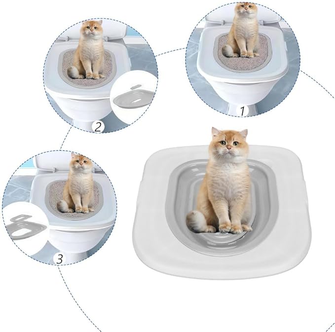 Cat Toilet Training Kit – Litter Box Alternative with Tray, Reusable Potty Seat Adapter for Cats & Kittens, Hygienic Flushable Urinal, Includes Step by Step Trainer Seat(Grey)