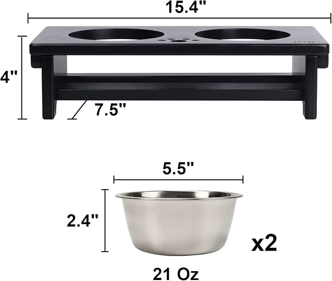 HTB Elevated Dog Bowl Stand with 2 Stainless Steel Bowls-4" H Small Black | Raised Dog Bowl Stand, 4"tall, 21 Oz Bowls, for Small Sized Dogs, Pet-safe, Solid Bamboo