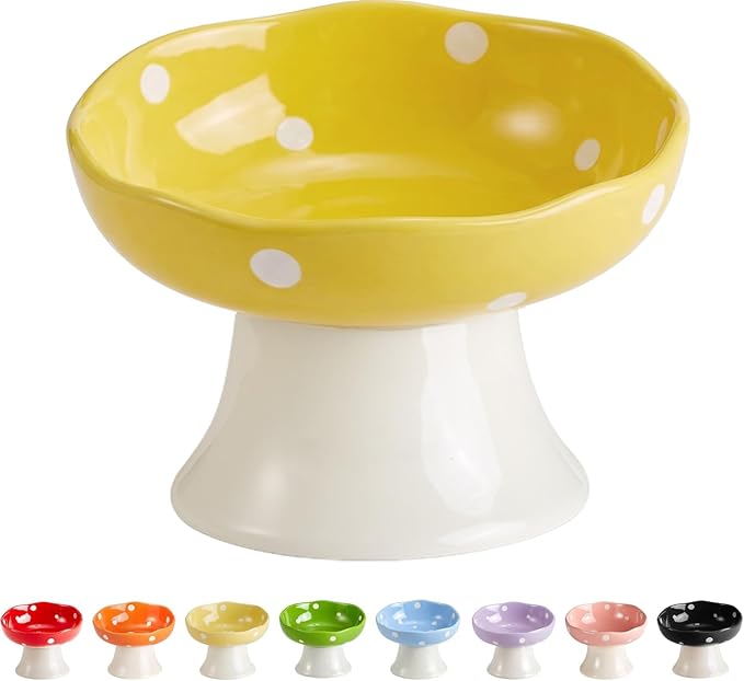 Ceramic Elevated Cat Bowls, Tilted Raised Pet Dish Anti Vomit Kitten Bowl for Indoor Cats, Whisker Friendly Pet Food and Water Bowl for Kitten, Cat, Puppies, Dishwasher Safe (Yellow) | Elevated, Ceramic, Whisker Friendly, Wide Opening, Anti Vomitin,Cut...