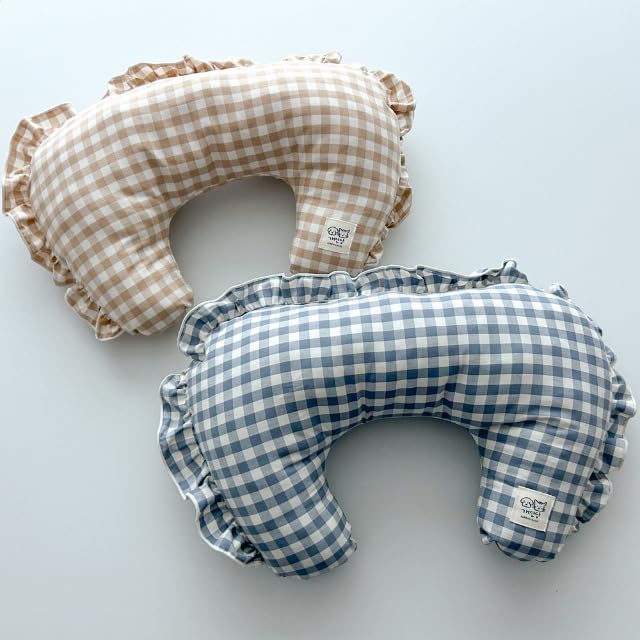 MOM N POP Organic Dog Pillow Bed, Calming Dog Head & Neck Pillow for Small, Medium Dog & Puppy, Handmade Organic Cotton Pet Cushion Bed, Washable Gingham Check Cushion – Beige/Blue (Red)