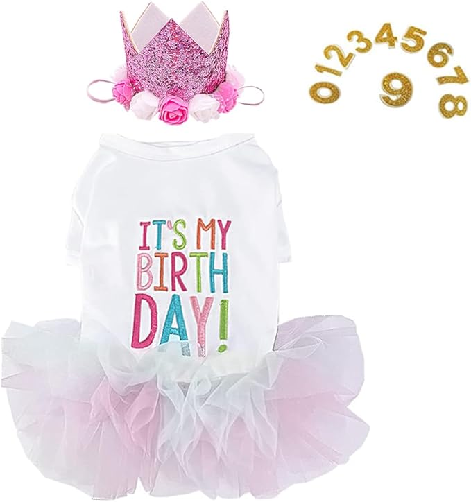 ANIAC Dog Birthday Dress and Hat Set Puppy Lace Tutu Pink Pet Crown Hat with 0-9 Figures Birthday Outfit for Cats Small Dog (White+Pink,X-Large)