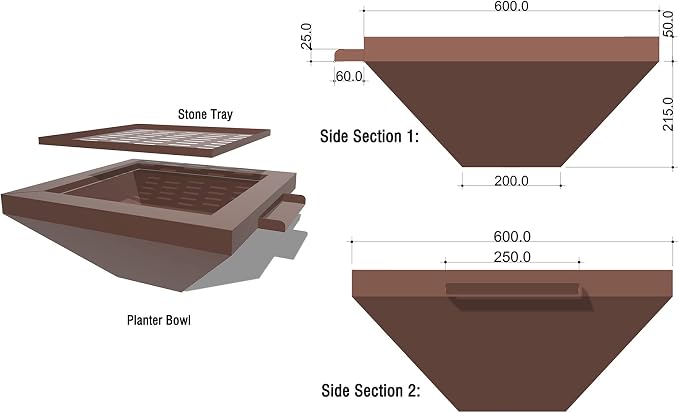 PONDO 24" Square Garden Water Bowl, Stainless Steel Spilling Water Feature for Outdoor Ponds, and Other Landscaped Areas (Antique Brown Coated)