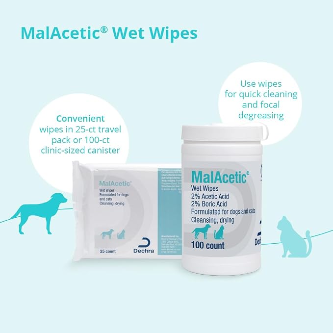 MalAcetic Wet Wipes for Dogs and Cats 100 Count | Cleansing, Drying; 2% Boric Acid; 2% Acetic Acid; Packaging May Vary