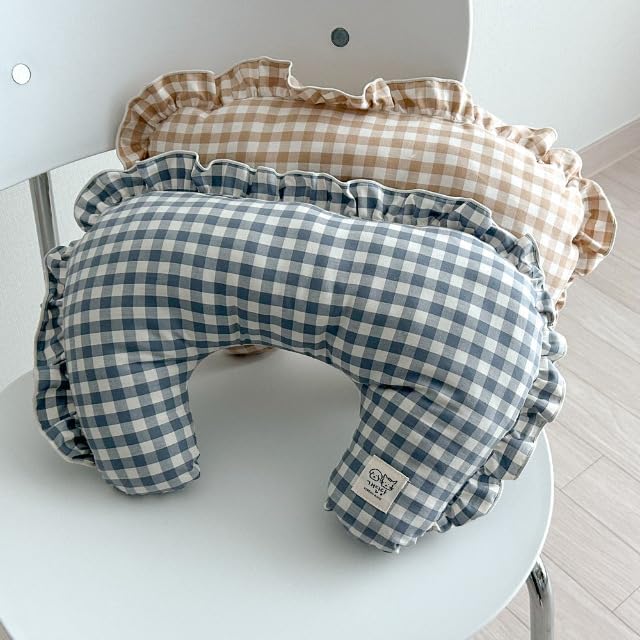 MOM N POP Pet Nap Pillow – Washable Gingham Check Cushion for Dogs & Cats, Soft Neck Support Bed (Beige/Blue) (Blue)