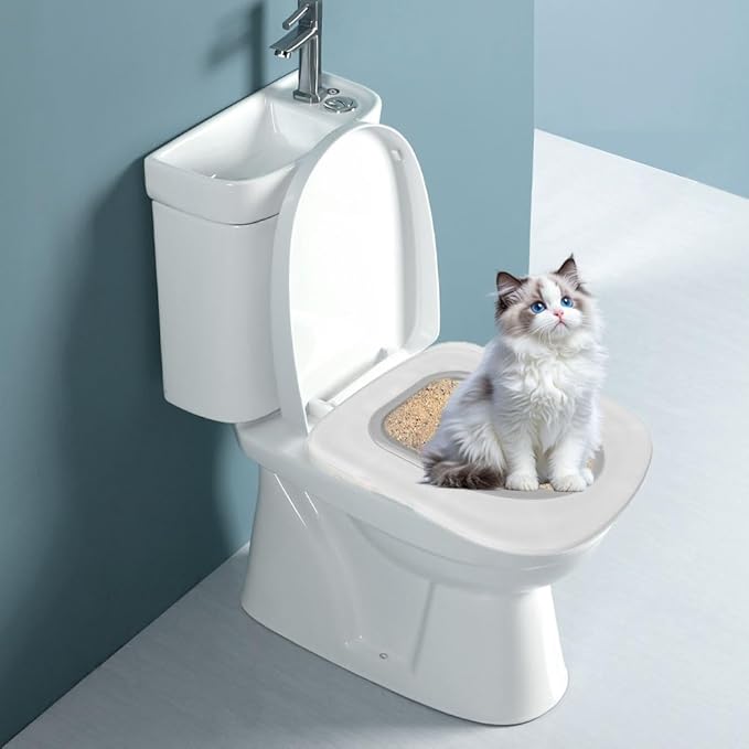 Cat Toilet Training Kit – Litter Box Alternative with Tray, Reusable Potty Seat Adapter for Cats & Kittens, Hygienic Flushable Urinal, Includes Step by Step Trainer Seat(Grey)