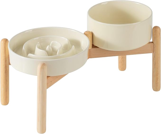 Havniva Elevated Slow Feeder Dog Bowls, Ceramic Dog Bowl Slow Feeder Set | 1.2 Cups Raised Slow Feeder Dog Bowl for Small Breed, 6.1” Dog Water Bowl with Wooden Stand, Puzzle Dog Food Bowl, Non-slip