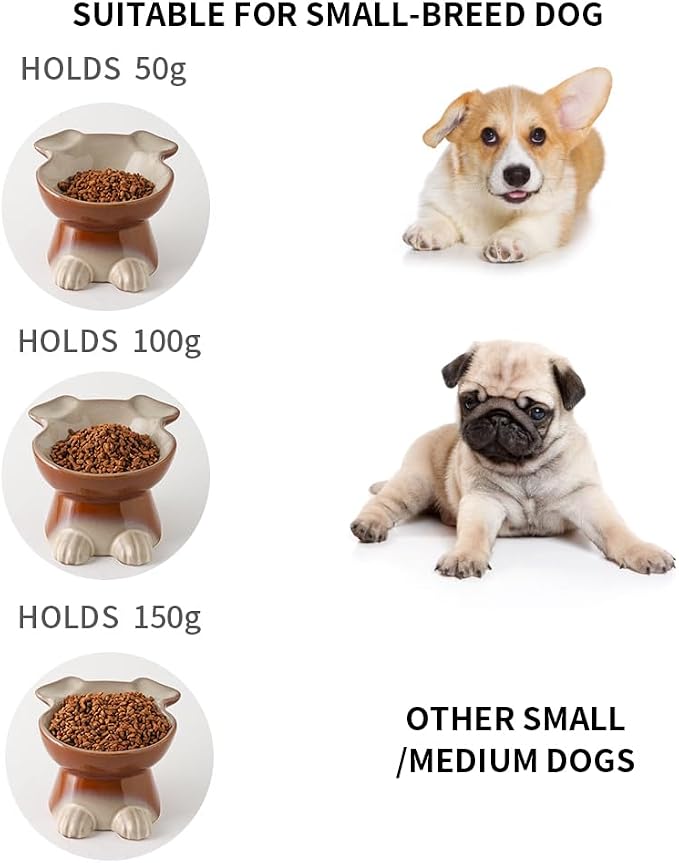Nihow Dog Food & Water Bowls: Elevated Ceramic Bowls for Medium/Small Dog | Food Safe Raised Puppy Bowls - Brown Pet Bowl for Protecting Pet's Spine (Set of 2)