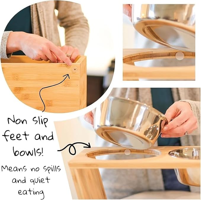 Elevated Dog Bowl Stand- 7" Raised Pet Feeder for Medium Dogs with Four Stainless Steel Bowls.