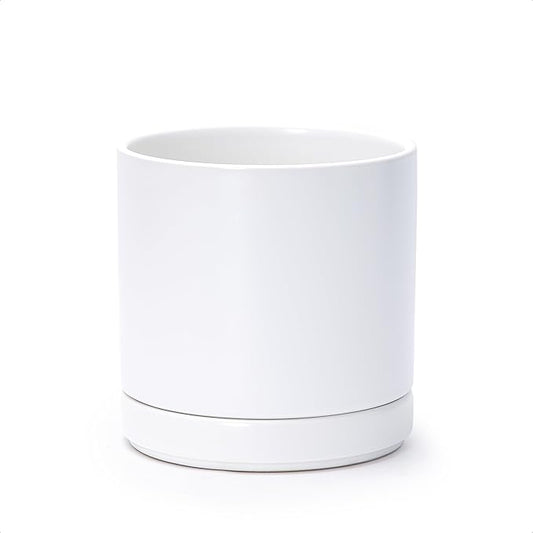 D'vine Dev 6.5 Inch Ceramic Planter Pot, White, 94-O-C-1 | Modern Cylinder Design, Drainage Hole & Saucer Included, Stable Structure, Elegant Home Accent