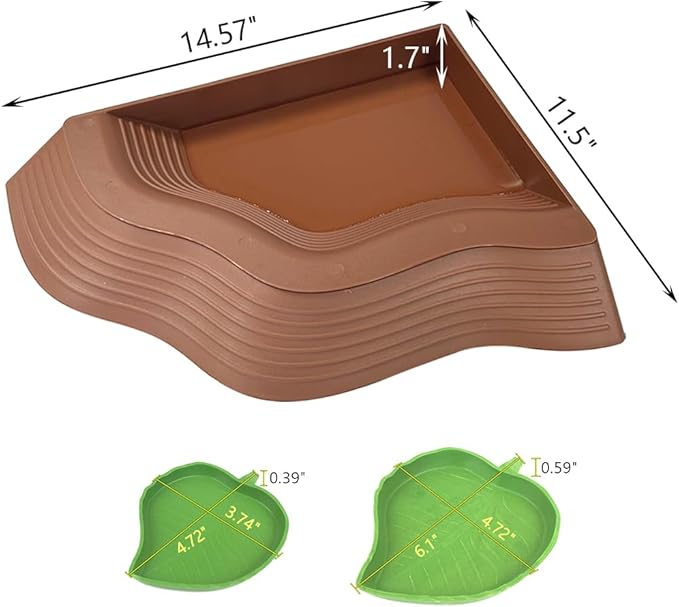 3 Pcs Large Tortoise Water Dish with Ramp Leaf Tortoise Water Food Bowls Reptile Water Dish Amphibians Habitat Accessories for Lizard Turtle Horned Frog Brown