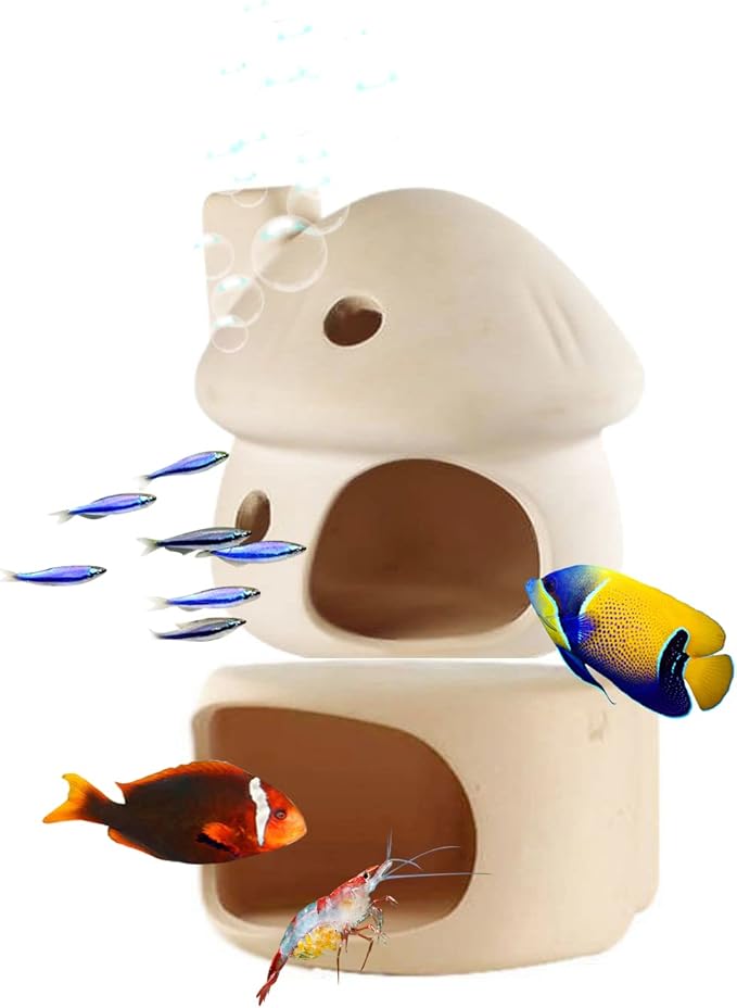 Saim Mushroom with Cave Fish Tank Decor Set, Ceramics Aquarium Shrimp Cave, Betta Hideout Decoration, Cottage Ornament Goldfishes for Fish Tank Landscape Decor - Beige