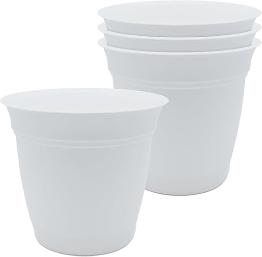 The HC Companies 6 Inch Eclipse Round Planter Pots with Drainage Holes & Attached Saucer, Lightweight UV-Resistant Plastic Indoor & Outdoor Planters, 4-Pack Flower Pots for Garden & Home Decor, White