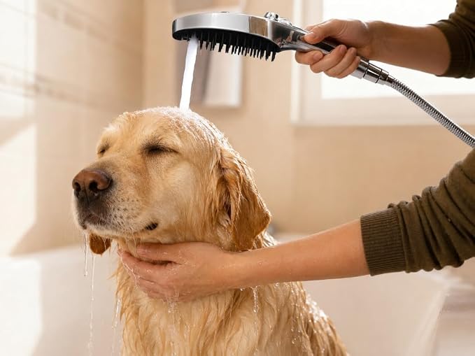 G-Promise 3 Mode Dog Shower Attachment with Pause Mode | High Pressure, Built-In Brush for Wash & Groom, Extra Long Hose, Easy Install, for Indoor & Outdoor Use