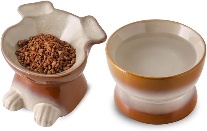 Nihow Dog Food & Water Bowls: Elevated Ceramic Bowls for Medium/Small Dog | Food Safe Raised Puppy Bowls - Brown Pet Bowl for Protecting Pet's Spine (Set of 2)