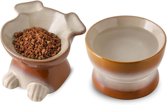 Nihow Dog Food & Water Bowls: Elevated Ceramic Bowls for Medium/Small Dog | Food Safe Raised Puppy Bowls - Brown Pet Bowl for Protecting Pet's Spine (Set of 2)