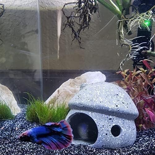 Saim Aquarium Decorations Mushroom House Ceramic Cave, Betta Fish Hideout Breeding Mushroom Cave Fish Tank Ornaments for Amano Shrimp Cichlid Bonsai to Play, Hide and Rest - Grey